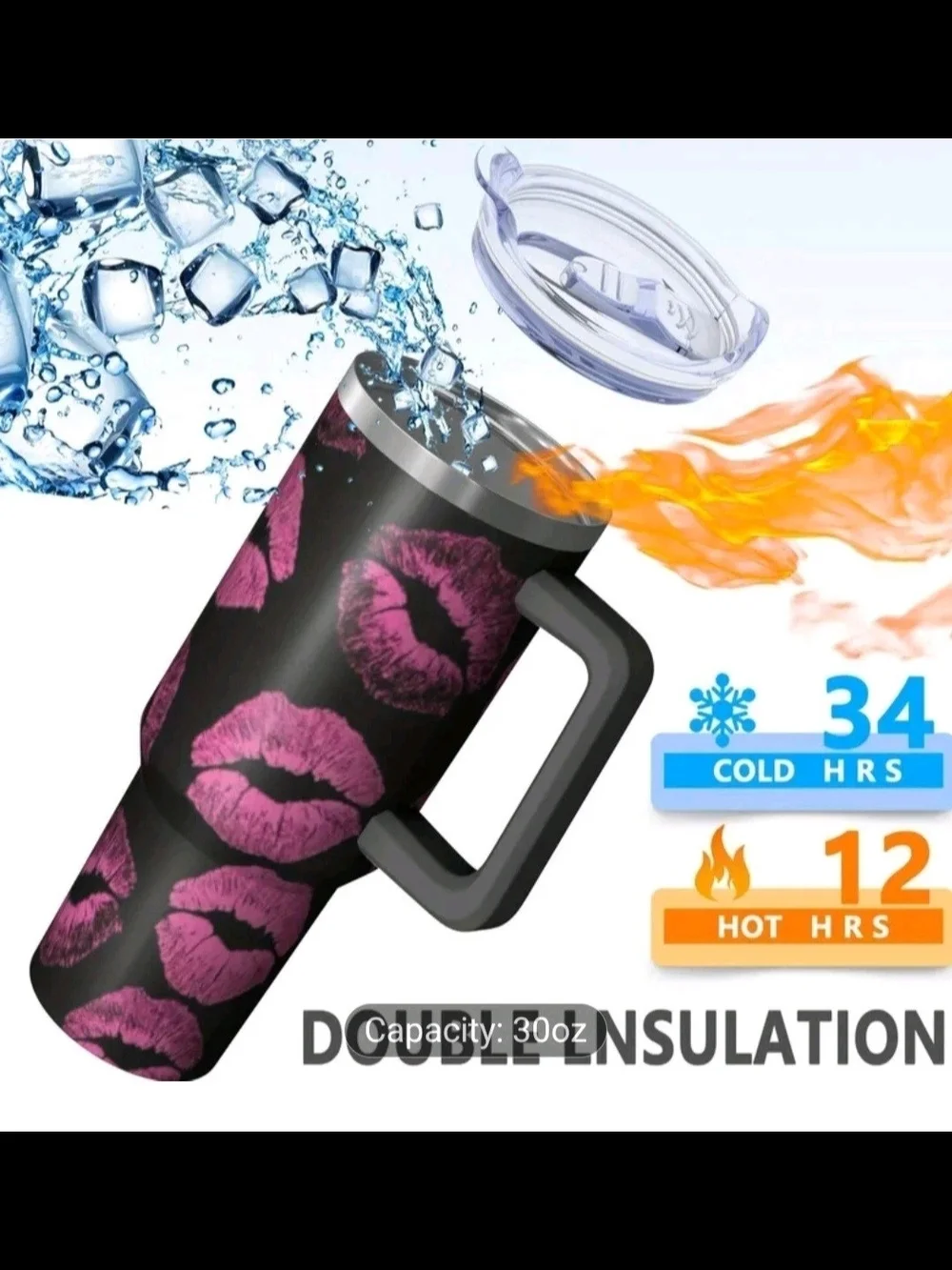 Brand NEW 40 oz Black Stainless Steel Insulated Tumbler with Pink Kiss Print